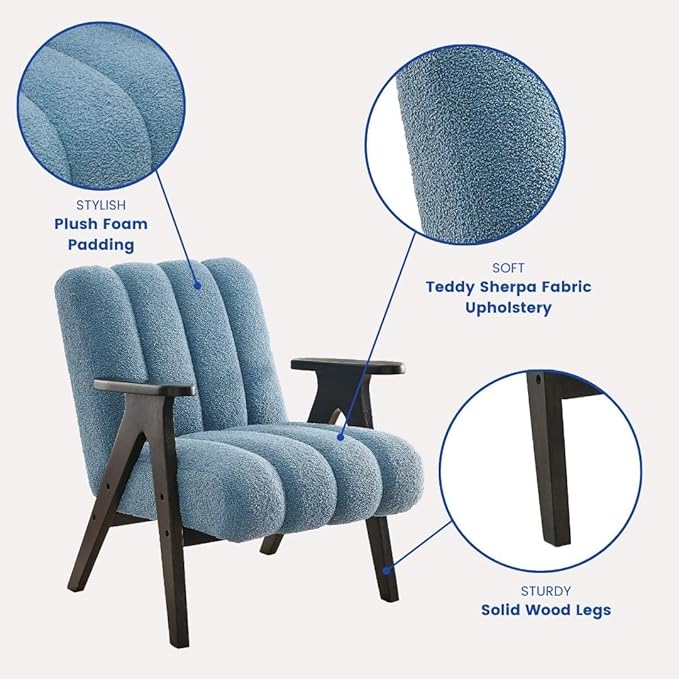 Roundhill Furniture Rella Modern Teddy Sherpa Accent Chair with Espresso Wood Frame Blue