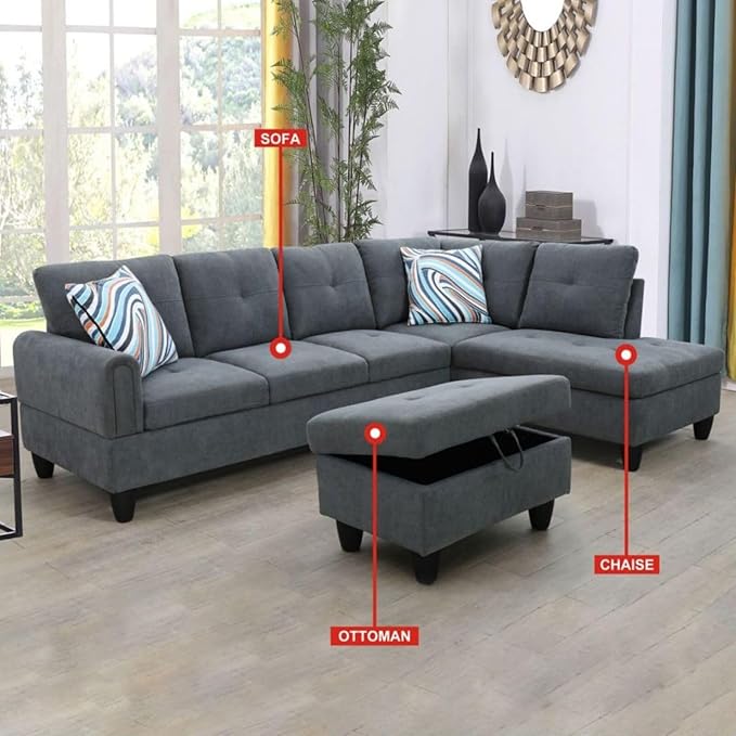 Dark Grey 3 Piece Sectional Sofa Set L Shaped Flannel Couch with Storage Ottoman Modern Upholstered Sofa for Living Room Office