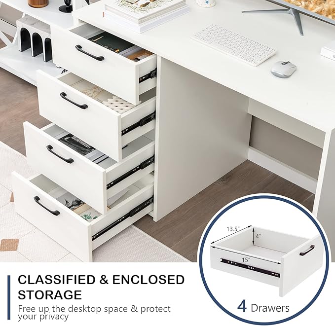 Tangkula White Desk with 4 Storage Drawers Home Office Writing Desk Modern Executive Desk Laptop PC Desk Vanity Makeup Table Computer Workstation for Bedroom Study Room Office