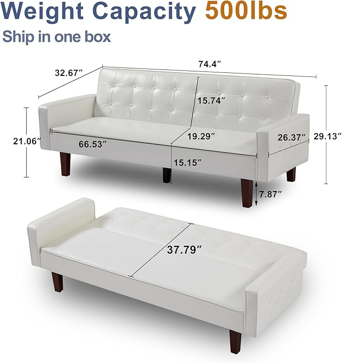 74 Modern Futon Couch Futon Sofa Bed Mid Century Sofa Bed Loveseat Couches for Small Spaces Living Room Bedroom (Faux Leather White)