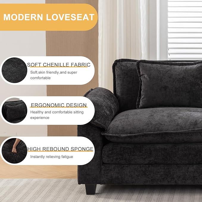 Modular Sectional Sofa 86 L Shaped Couch Set with Movable Ottoman Chenille Comfy Cloud Couch Sectional Set Extra Deep Seat Sofa with 2 Pillows for Living Room (Black 2-Seat &amp 1-Ottoman)