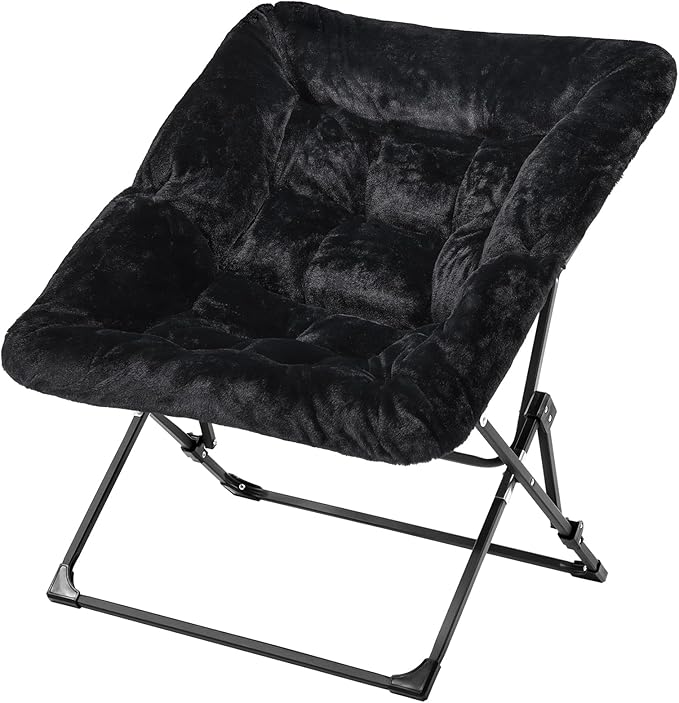 OAKHAM Comfy Chair for Adults Soft Faux Fur Folding Lounge for Bedroom Living Room Dorm Rooms Flexible Reading Chair for Teens Kids X-Large Foldable (Faux Fur-Black)
