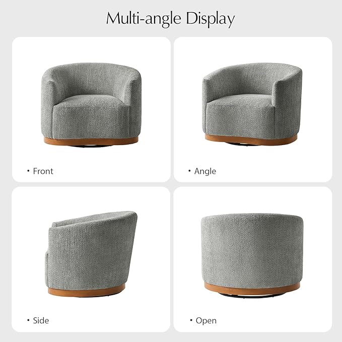 HULALA HOME Chenille Swivel Accent Chair Fully Assembled Comfy Upholstery Barrel Armchair with Sturdy Solid Wood Base Grey
