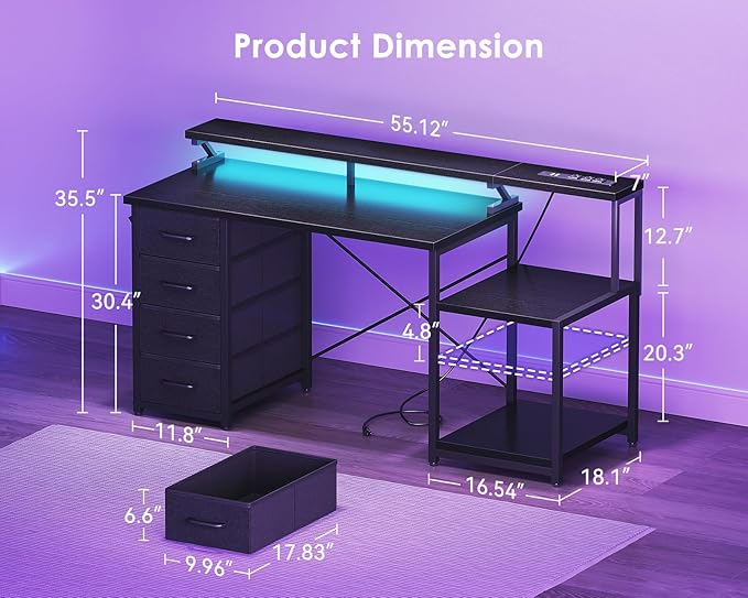 ODK 55 Inch Computer Desk with 4 Drawers Office Desk with Power Outlets Printer Shelf &amp Storage Shelves Large Writing Study Table for Home Bedroom Study or Gaming Setup Black