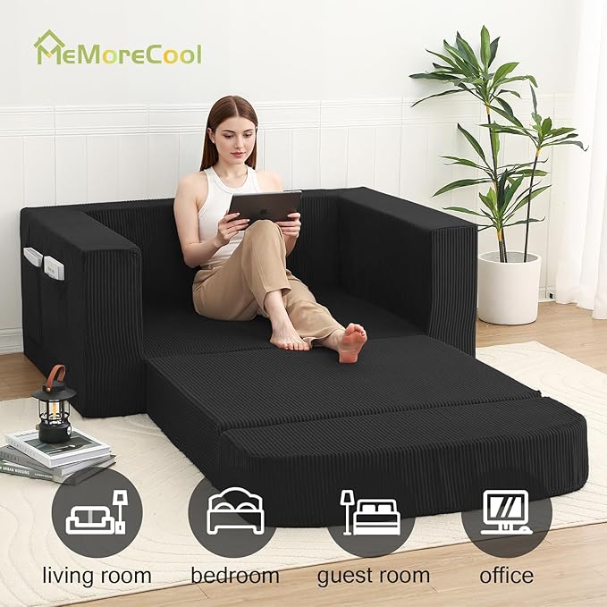 MeMoreCool Convertible Sofa Bed Pull Out Loveseat Sleeper Sofa Small Boneless Cloud Couch Bed for Adults Fold Out Foam Love Seat Black Corduroy Folding Floor Couch for Bedroom