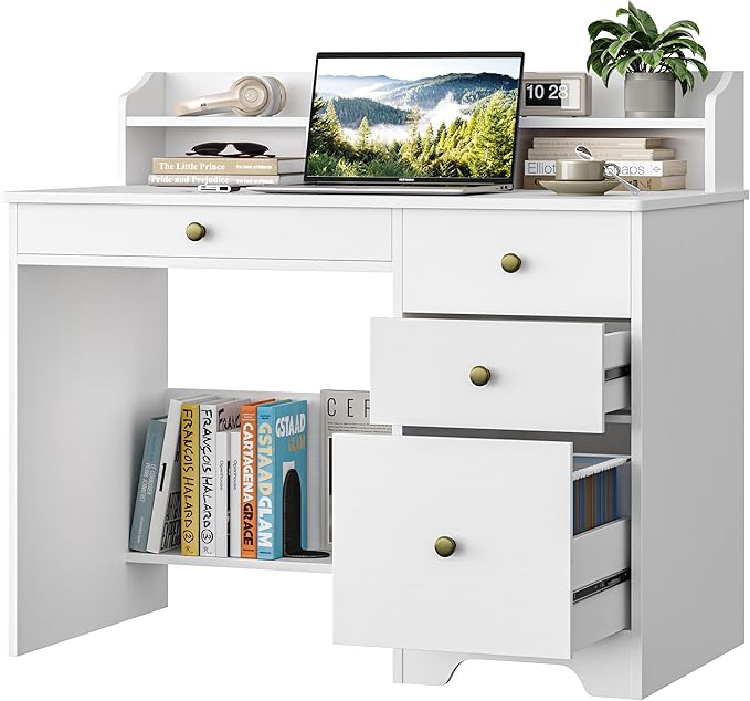 TTVIEW Computer Desk with Drawers and Hutch Shelf Wood Executive Desk Writing Study Table with 43” Wide Tabletop Small Desk with File Drawer for Home Office Bedroom White
