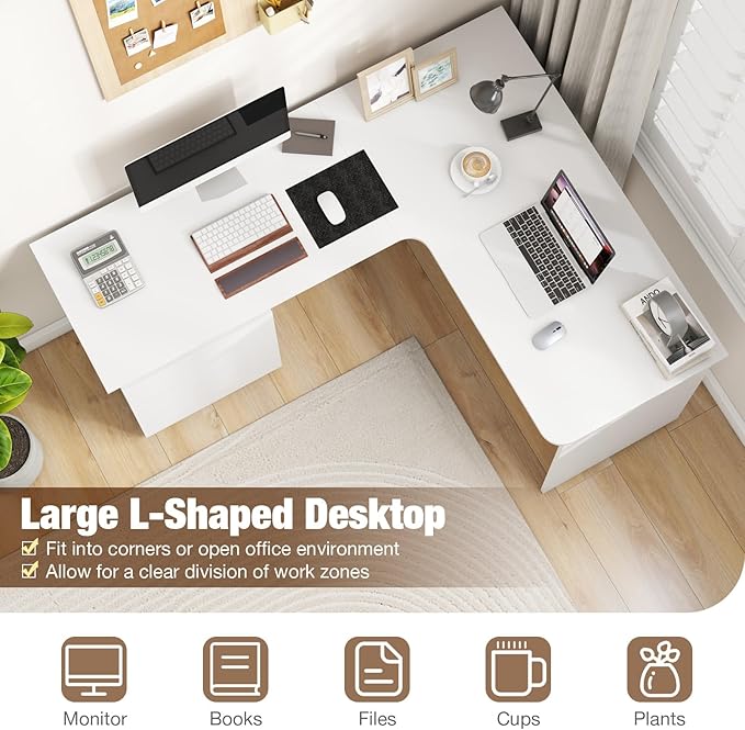 Tangkula 59” L-Shaped Desk with 2 Storage Drawers Corner Computer Desk with File Drawer &amp Open Shelf Computer Workstation with 2 Cable Management Holes Space-Saving Executive Office Desk (White