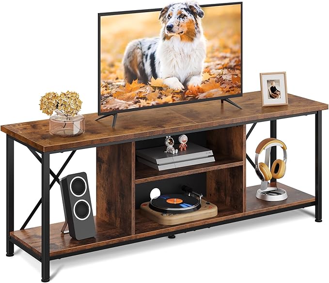 WLIVE Industrial TV Stand for Up to 65 inch TV Heavy-Duty Metal Frame Entertainment Center with Adjustable Shelves &amp Cable Management Media TV Console for Living Room Bedroom Rustic Brown
