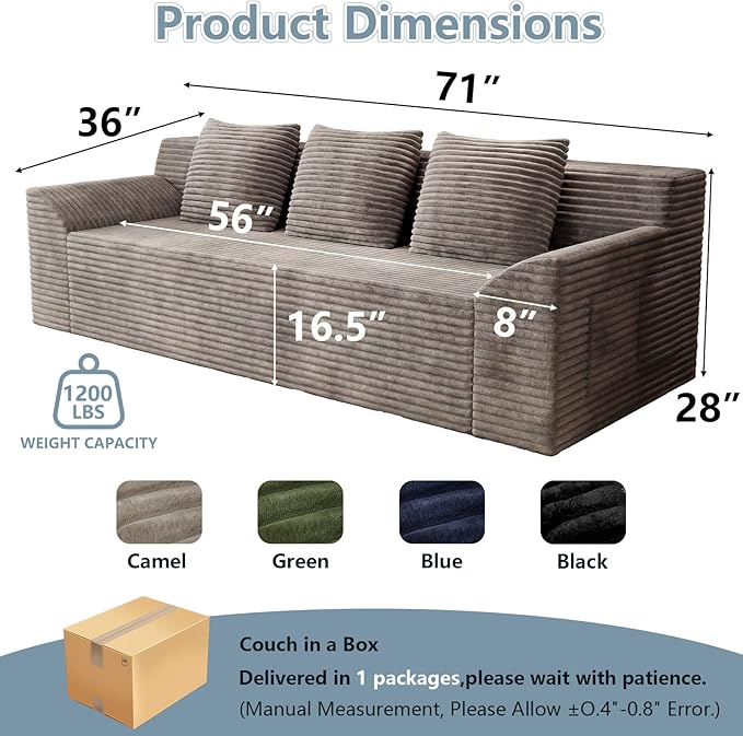 71Cloud Loveseat SofaModern 2-Seater Boneless Couch with 3Pillows &amp Side PocketSoft Corduroy LoveseatCompressed FoamDeep SeatNo Assembly for Living RoomBedroomApartment(Tilted Armrest Cam