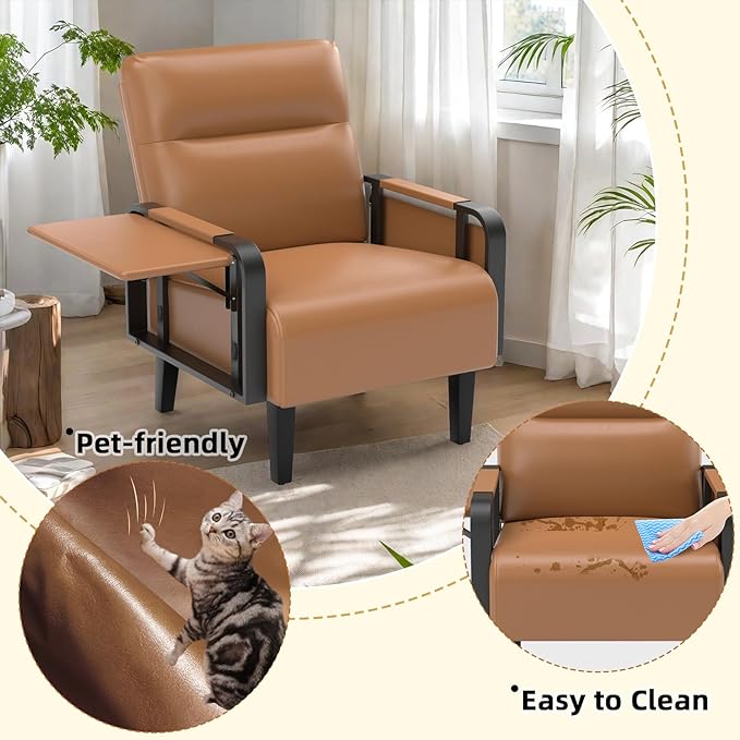 Upholstered Accent Chairs Set of 2 Faux Leather Armchair with Tray Table Comfy Reading Chair for Living Room Bedroom Guest Room Brown
