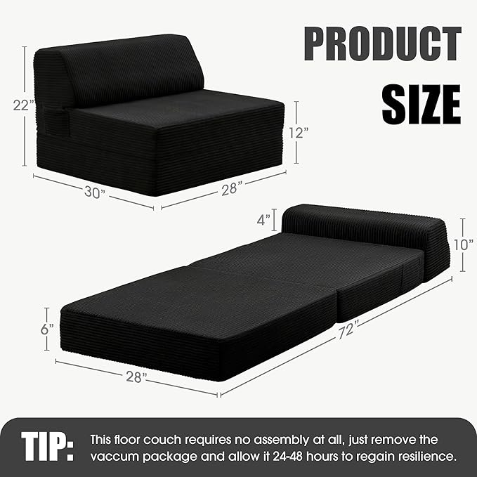 Folding Sofa Bed with Pillow Memory Foam Fold Out Chair Bed Convertible Sleeper Chair with Washable Cover Futon Floor Couch for Living Room/Dorm/Guest Use/Home Office/Apartment Black