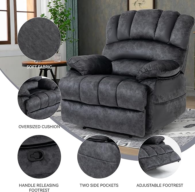 Large Manual Recliner Chair for Living Room Oversized Fabric Reclining Chair with Pillow Top Arms Cushion Back and Smooth Lever Control Heavy-Duty Metal Frame (Gray)
