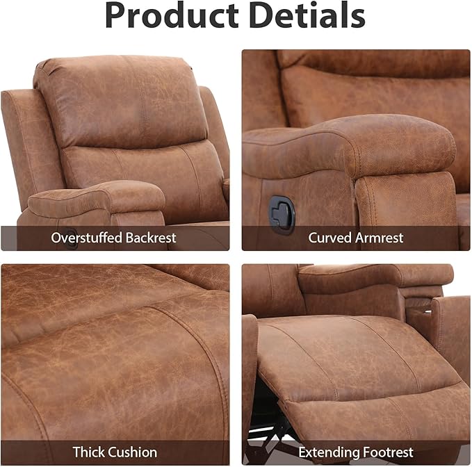 Brown Recliner Chair Single Overstuffed Sofa Recliners Breathable Faux Leather Manual Reclining Chairs with Hidden Cup Holder Arm and Back for Adults Living Room Bedroom Brown