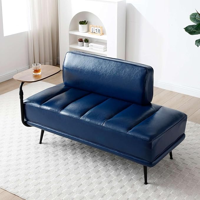 55 Modern Faux Leather Loveseat with 360° Swivel Side Table Mid-Century Tufted 2-Seater Sofa Bench for Living Room Entryway with Metal Legs and Backrest