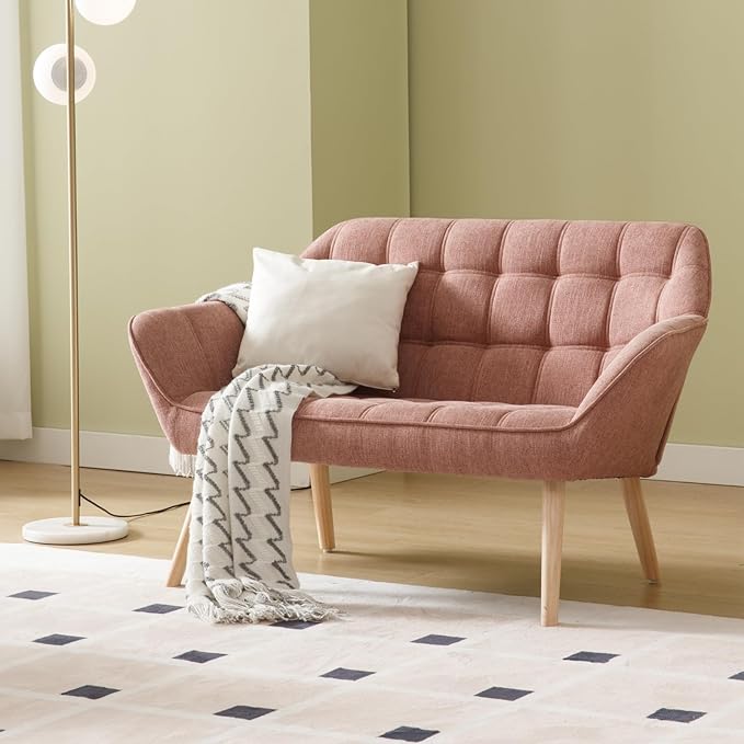 48 Small Loveseat Sofa Modern Linen Fabric Mini Sofa Couch 2-Seater Love Seat with Quilting Backs and Wood Legs for Living Room Bedroom and Small Space Pink