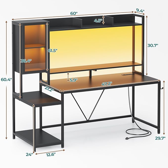 SEDETA Gaming Desk 60'' Gaming Desk with Hutch and LED Lights Computer Desk with Storage Shelves Large PC Gamer Desk with Display Cabinet Monitor Stand Power Outlet for Home Office Black