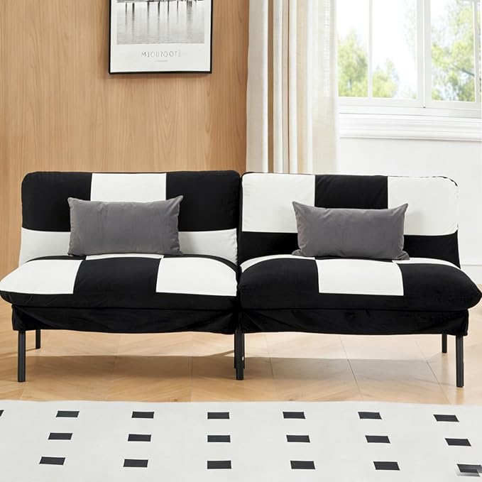 78 Modern Sofa Bed FutonConvertible Sleeper Bed Couch with 4 Reclining BackrestComfy Velvet Cloud Sofa Loveseat for Living Room Bedroom Office (Black+White)