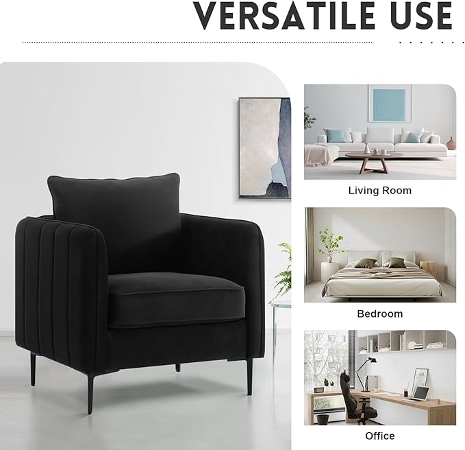 Mid Century Modern Accent Chair Comfy Upholstered Single Sofa Chair with Thick Cushion Velvet Armchair with Black Metal Legs Side Chair for Living Room Bedroom Apartment (Black)