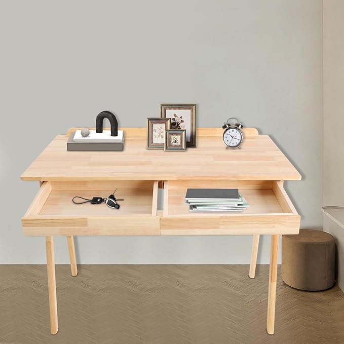 Eapmic Solid Wood Writing Desk Computer Table Study Desk with Drawers Small Space Home Office Workstation Freestanding Wooden Study Table for Bedroom Apartment Dorm Minimalist Design (BurlywoodB)