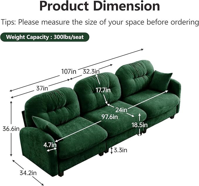 107 Sofas for Living Room Comfy Chenille Fabric Cloud Sectional Couch Modern Upholstered Deep Seat Sofa with Armrest Pillow 3 Seater Couch for Small Spaces Apartment Green