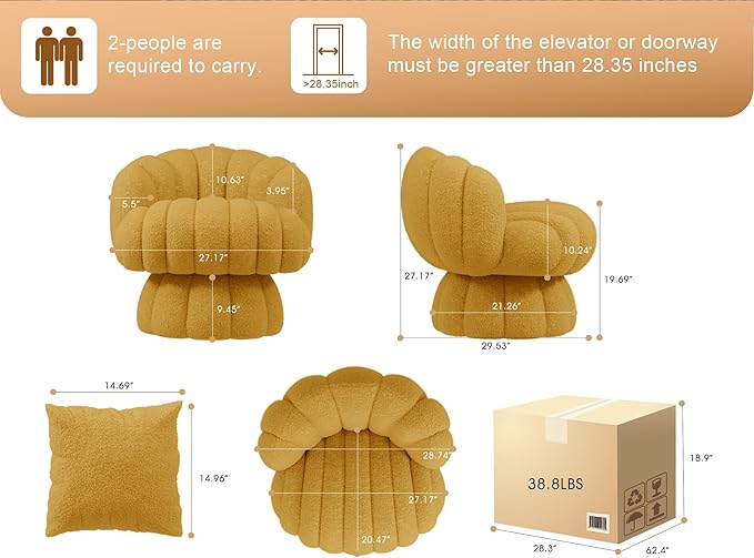 Mid Century Modern 360 Degree Barrel Swivel Accent Vanity ChairFluffy Sherpa Fabric Lounge Wide Upholstered Pumpkin Reading Chair Round Cloud Armchair for Living RoomBedroomVanity(Mustard)