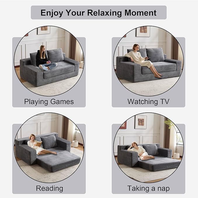 72 Boneless Loveseat Couch Foldable Pull Out Sofa Bed with 2 Pillows Corduroy Floor Sofa for Apartment Living Room Bedroom Guest Room No Assembly (Dark Grey)