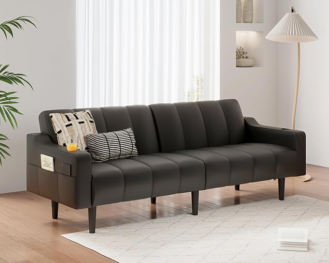 80'' Futon Sofa BedFaux Leather Futon Sleeper Sofa Convertible Loveseat with Adjustable Sofa BackrestModern Couches for Living Room Bedroom Apartment Office (Black)