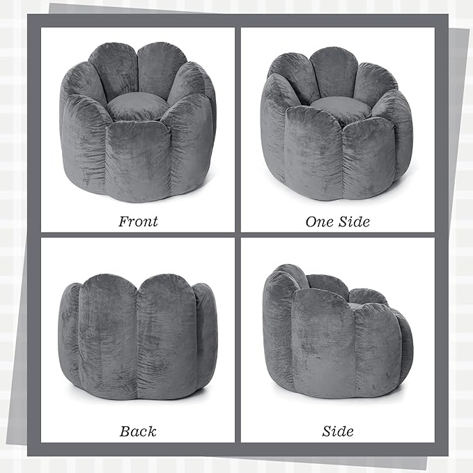 HOMMPA Bean Bag Chair for Adults Comfy Velvet Bean Bag Couch with Back Support Flower Shaped Oversized Sofa for Living RoomBedroomDormGrey