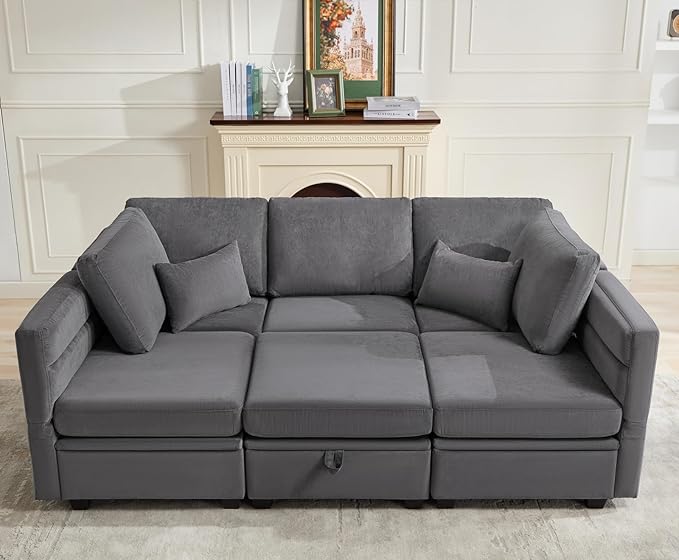 asunflower Modular Sectional Sleeper Sofa with Seats Storage Velvet Modular Sofa Couch with Reclining Arm and Back 6 Seater Storage Couches for Living RoomRemovable CoversPillows