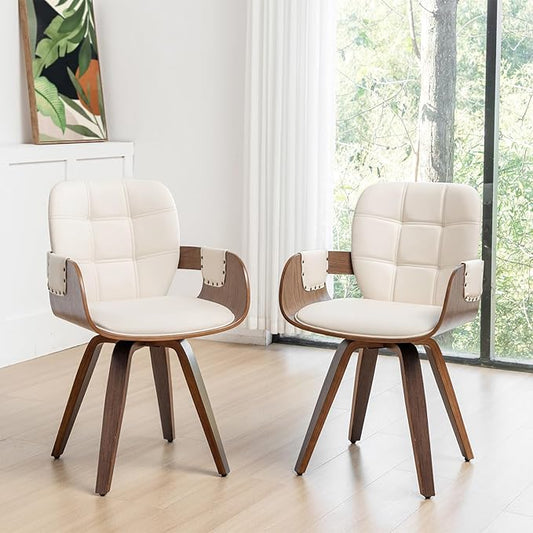 Set of 2 Swivel Dining Chairs - Mid Century Modern Dining Chairs with Arms and Curved Back Faux Leather Bentwood Versatile for Living Room/Reception/Conference Room/Kitchen/Desk (Walnut Beige)