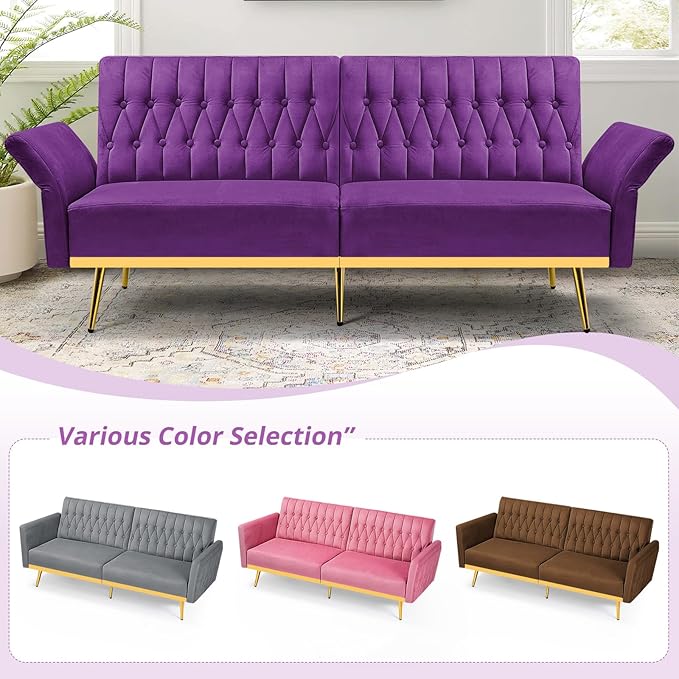 70” Velvet Futon Sofa Bed with 2 Pillows and Adjustable Armrests Convertible Sleeper Bed W/Adjustable Backrests Modern Loveseat for Living Room Bedroom Purpel