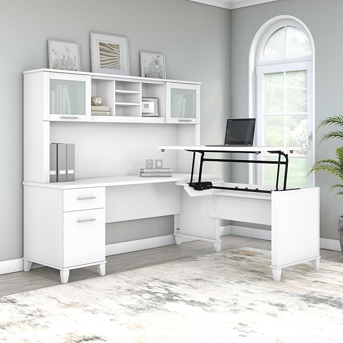 Bush Furniture Somerset 72W 3 Position Sit to Stand L Shaped Desk with Hutch in White | Adjustable Height Table for Home Office