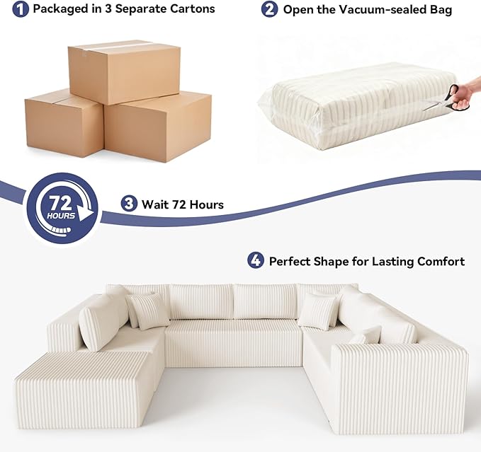 135 U Shaped Boneless Couch Oversized Boneless Sectional Couches for Living Room Large Modular Sofa with Ottoman Plush Corduroy Couch with Deep Seat Chaise No Assembly Beige