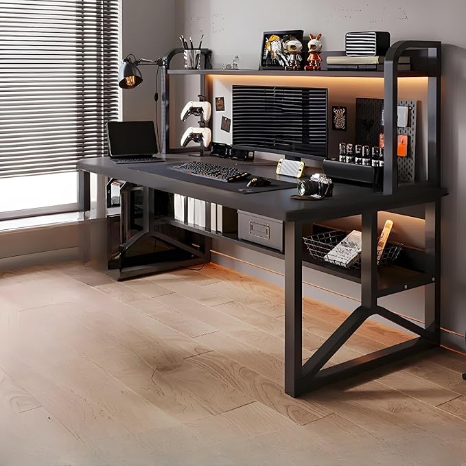LITFAD Rectangular Wooden Office Desk Modern Computer Desk with Metal Frame and Bookshelf Writing Desk for Home Office - 1 Piece Black Desk only 47.2 L x 23.6 W x 50.4 H