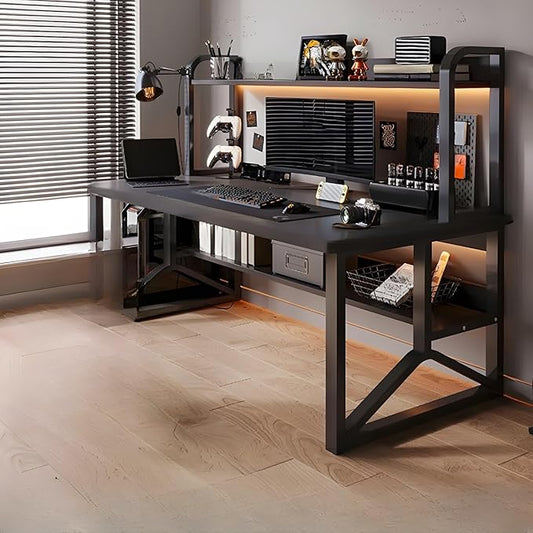 LITFAD Rectangular Wooden Office Desk Modern Computer Desk with Metal Frame and Bookshelf Writing Desk for Home Office - 1 Piece Black Desk only 47.2 L x 23.6 W x 50.4 H