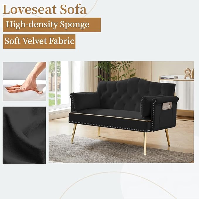 Small Velvet Loveseat Sofa with Gold Metal Legs55-inch Modern Sofa Couch with 2 Side PocketsCouch with Tufted Backrest for Living Room Bedroom Office (Black)