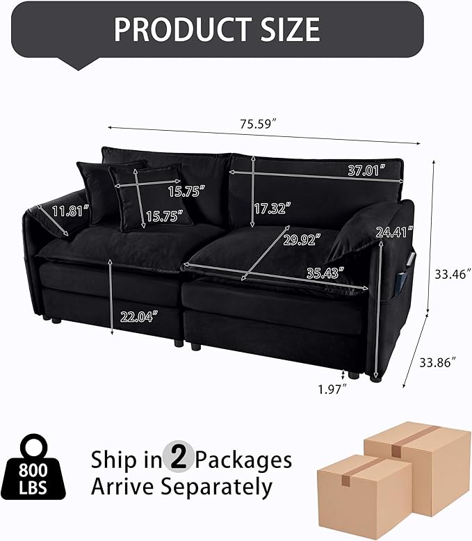 KEIKI 75 Small Cloud Couch Sofa Chenille Deep Seating Loveseat Sofa with Storage Modern Upholstered Couches Set W/Pillow for Living Room Bedroom Office Black
