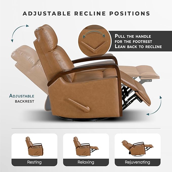 Lexicon 360 Degree Swivel Glider Reclining Chair Breathable Faux Leather Manual Recliner Comfy Nursery Glider Recliner Wood Arms Pull Handle for Living Room/Office/Bedroom/Apartment Camel Brown