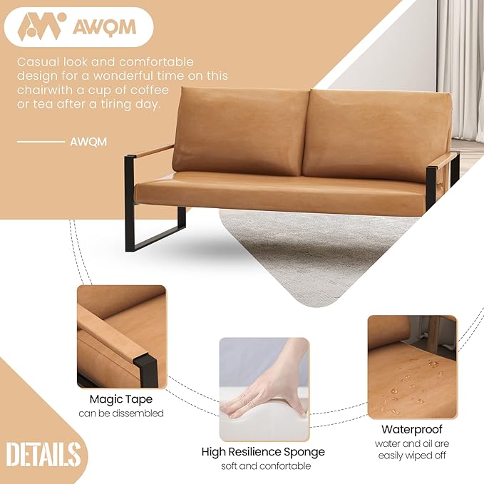 AWQM PU Leather Love Seats Sofa 45 Mini Upholstered Couch for Small Space Modern Accent Chair with Armrest &amp Removable Cushions 2-Seater Lounge for Living Room Office (Brown) (CXY45I2SLS-BW)