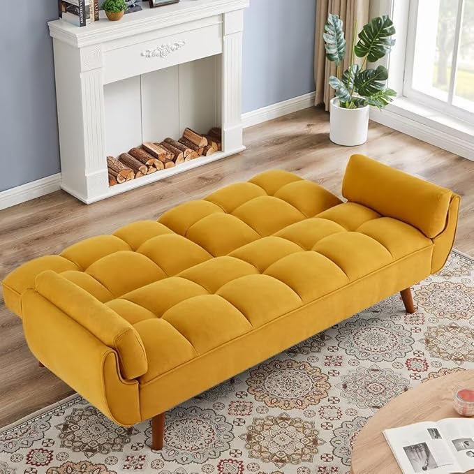 Convertible Sofa Bed Folding Loveseat Couch Modern Futon Recliner Sleeper with Adjustable Backrest Yellow