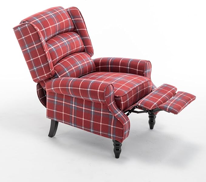 Upholstered Wingback Recliner Chair Plaid Recliner Chair Armchair Adjustable Footrest Push Back Reclining Sofa Mid-Century Modern Lounge Armchair for Living Room Bedroom Reading - Red