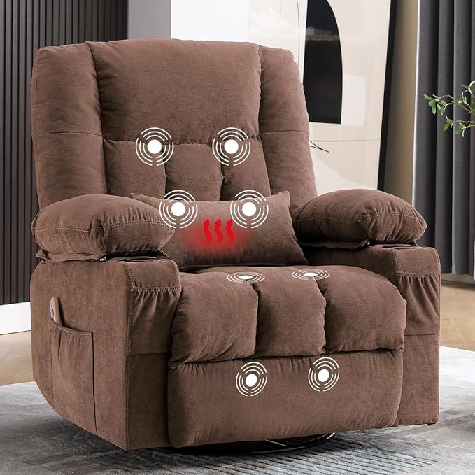 Swivel Rocker Recliner Chair with Vibration Massage and Heating Functions for AdultsOversized Recliner Single Sofa with Side PocketTwo Cup Holders and USB Charge Port for Living Room and Bedroom
