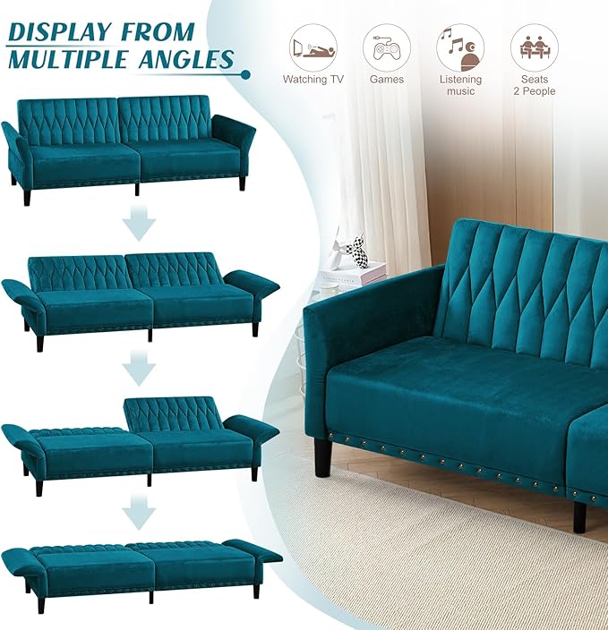 77 Inches Velvet Tufted Sofa Bed w/Adjustable Backrests &amp Armrests Convertible Sleeper Sofa w/Nailhead Trim Modern Loveseat Couch with Sturdy Legs for Living RoomOfficeTeal