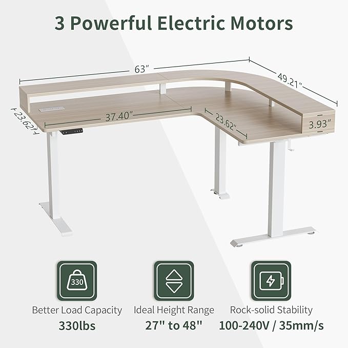 FEZIBO 63x49 L Shaped Standing Desk with Arc LED &amp Power Outlet Electric Height Adjustable L Shaped Computer Desk with Monitor Stand for Gaming Office Light Walnut