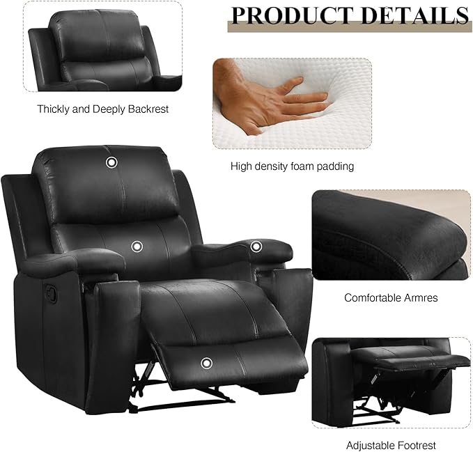 CANMOV Manual Recliner Chair Set of 2 Classic Faux Leather Recliner Chair with Overstuffed Arms and Back Manual Single Sofa with Concealed Cup Holders Black