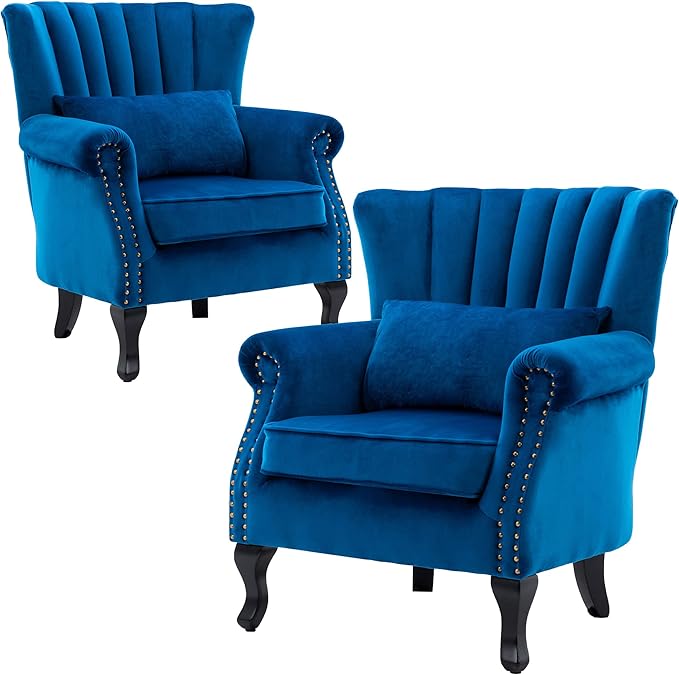 Accent Chairs Set of 2 with Arm Comfy Living Room Chair Mid-Century Modern Wingback Side Chair Velvet Single Sofa Couch for Bedroom Guest Room Blue