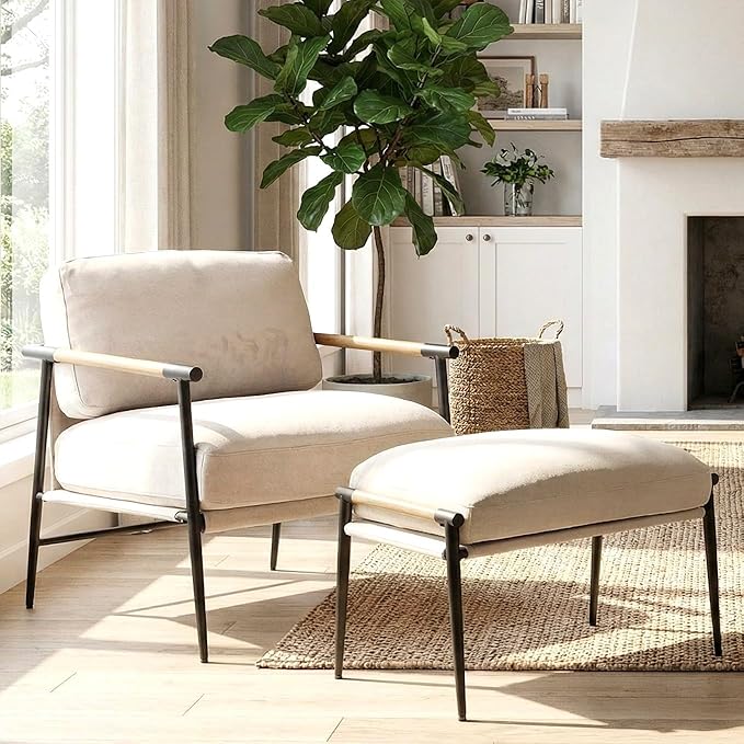 DUOMAY Mid Century Modern Accent Chair with Ottoman Set Chenille Beige Upholstered Living Room Chair with Metal Legs Lazy Lounge Chair Set with Footrest for Bedroom Living Room