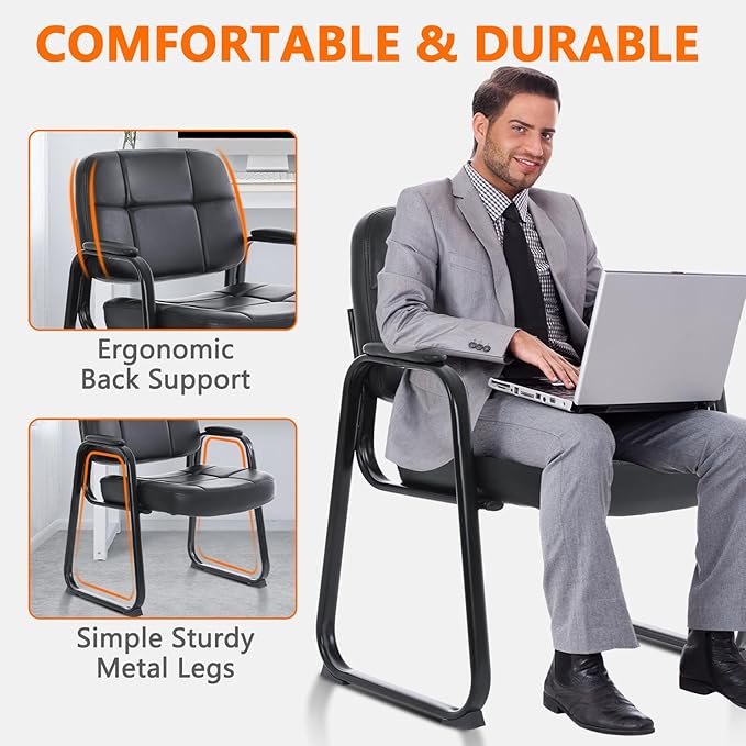 CLATINA Big &amp Tall Waiting Room Guest Chair with Bonded Leather Padded Arm Rest and Sled Base for Office Reception Lobby and Conference Desk Black(6 Pack)