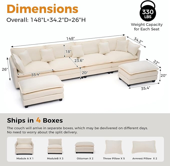 Redlife 148 Modular Sectional 4-Seater Sofa with 2 Ottomans Chenille Sectional Couch Set with Spring &amp Double Foam Cushion System Removable Covers Easy to Assembly Beige