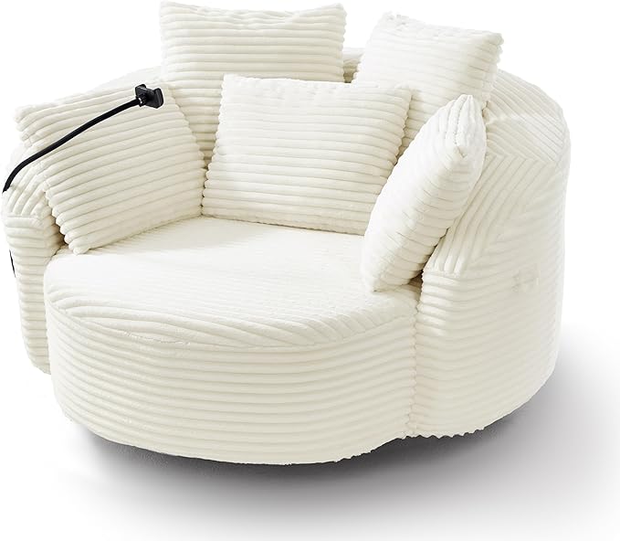 360° Swivel Accent Chair with 5 Throw Pillows Adjustable Phone Holder Corduroy Fabric Round Sofa Chair Barrel Chair with Semi-Wraparound Design for Living Room Office and Hotel (Beige1)